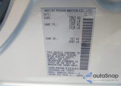 2024 Nissan Altima Sv Fwd из США, поврежденный, VIN 1N4BL4DVXRN356880